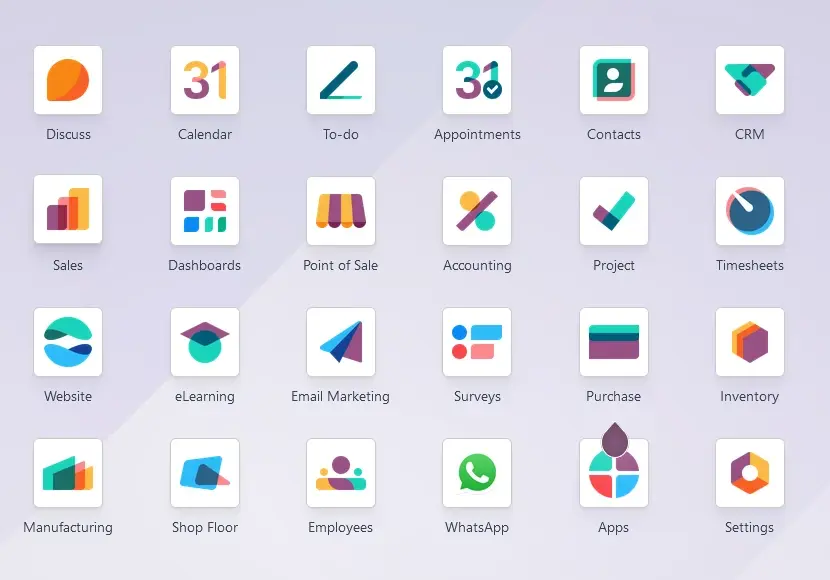 A set of Odoo module icons showcasing key ERP system functions: CRM, sales, accounting, inventory, projects, procurement, marketing, and other business management tools for enhanced efficiency